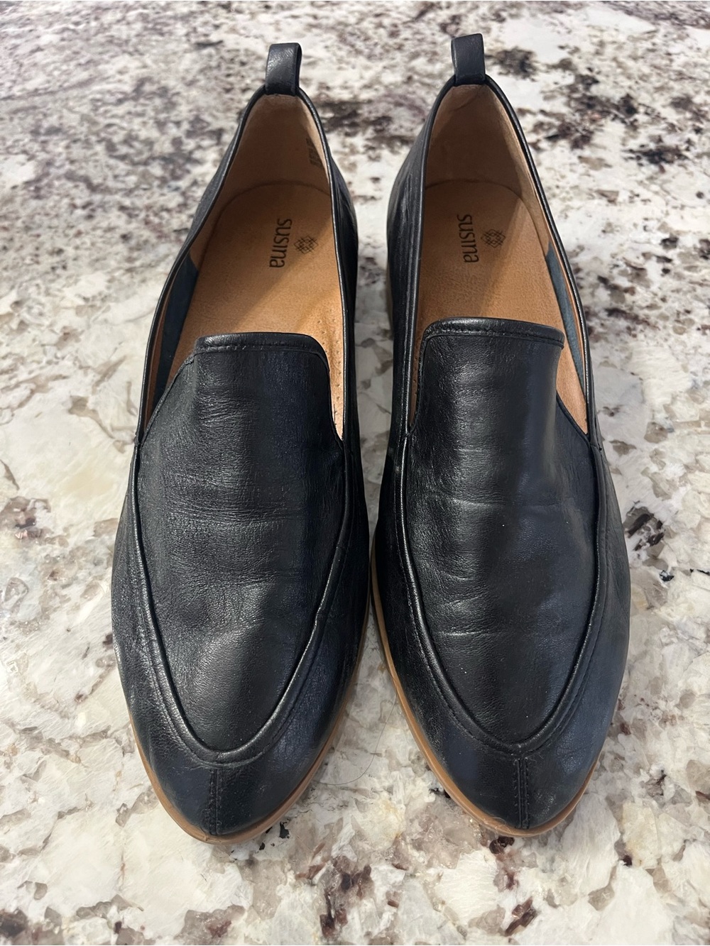 Susina Black Leather Slip-On Loafers with Tan Outsole